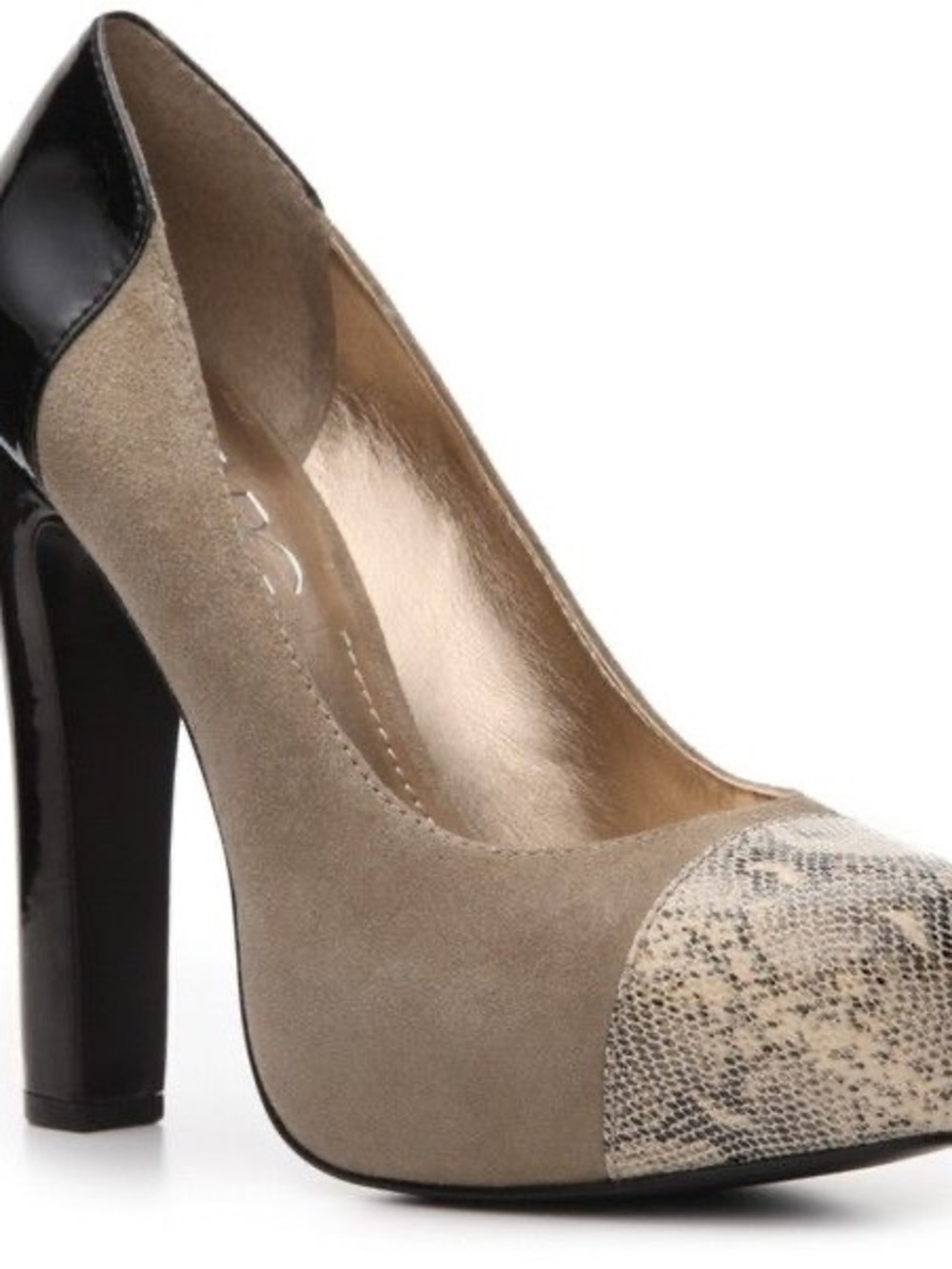 BCBG Taupe Suede Pump with Snake-Print Toe and Black Patent Heel